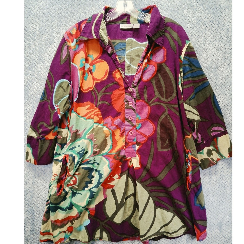 Soft Surroundings Purple Floral Cotton Tunic Shirt 2X Pockets 3/4 Sleeve Top